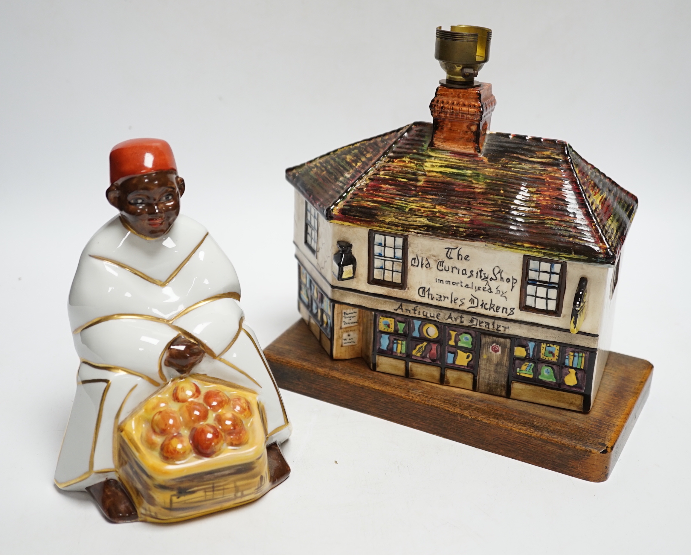 Two Art Deco ceramic lamps, a Limoges parfume lamp and a Goldscheider 'Old Curiosity Shop', highest 21cm